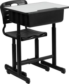 a black and white desk with a plastic chair on the bottom one seat is empty