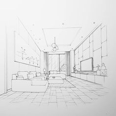 a drawing of a living room with couches and tables