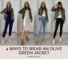 4 Olive Green Jacket Outfits - Merrick's Art Green Khaki Outfit, Olive Leather Blazer Outfit, Olive Green Jean Jacket Outfit, Khaki Green Jacket Outfit Women, How To Style Olive Green Jacket, Green Jeans Jacket Outfit, Olive Leather Jacket Outfit, Military Green Jacket Outfit, Olive Green Leather Jacket Outfit