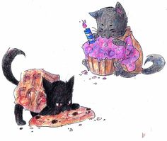 two cats are eating some cake together