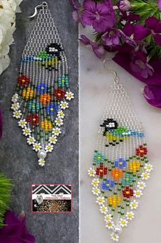 two pictures of earrings with beads and flowers in the background, one has a bird on it