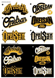 several different types of lettering on black and yellow