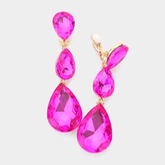 Fuchsia Crystal Triple Teardrop Clip-on Pageant Earrings Pink Clip, Long Crystal Earrings, Gold Rhinestone Earrings, Pink Drop Earrings, Lilac Earrings, Earrings Prom, Pageant Earrings, Crystal Earrings Wedding, Premium Jewelry