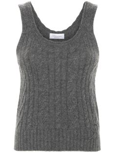 dark grey wool-cashmere blend cable knit U-neck sleeveless embroidered logo to the side ribbed hem Crew Neck Cashmere Cable Knit Top, Crew Neck Cable Knit Cashmere Top, Cable Knit Cashmere Crew Neck Top, Elegant Cable Knit Cashmere Tops, Elegant Cable Knit Sweater Vest, Blumarine Logo, Outfit References, City Dress, Knitted Tops