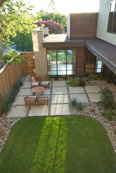 an aerial view of a backyard with lawn and patio furniture, as well as the back yard