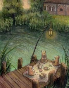 a drawing of some animals at a picnic table on a dock by the water with a house in the background