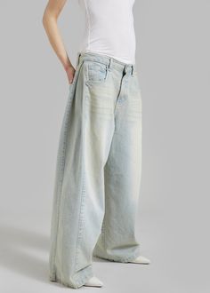 Bryony Jeans - Bleach Denim Suit, The Frankie Shop, Classic Trousers, Denim Wear, Painted Jeans, Bleached Denim, Frankie Shop, Denim Diy, Upcycled Denim