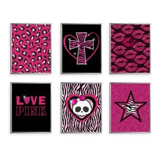 six pink and black wall art pieces with hearts, stars, zebra print, leopard print,