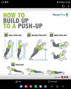 a woman doing push up exercises on her cell phone, with the caption how to build up to a push - up