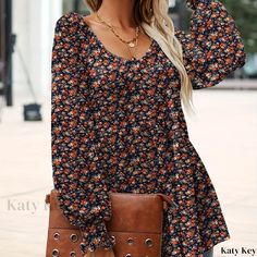 Katykey - Chic Flower Pattern V-Neck Blouse: Stylish Long Sleeve Apparel for Spring & Autumn, Fashionable Womens Attire Ditsy Floral Print V-neck Blouse For Fall, V-neck Ditsy Floral Print Blouse For Fall, Fall Ditsy Floral Print V-neck Blouse, Fall V-neck Blouse With Ditsy Floral Print, V Top, Boho Fabric, Chic Flowers, Long Sleeve Tops Casual, Brick Red