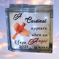 a glass sign with a red bird on it's side and the words cardinal appears when an efren angel is near