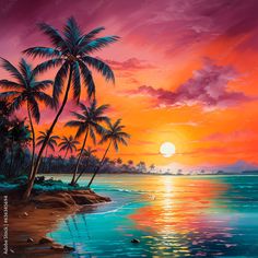 a painting of palm trees on the beach at sunset