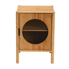 a small wooden cabinet with a black circle on the front and bottom section, sitting against a white background