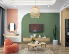 a living room with green and pink walls