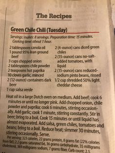 the recipe for green chile and chili tuesday is shown in a newspaper article, with ingredients listed on it