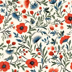 red and blue flowers with green leaves on a white background seamless wallpaper pattern