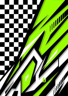 a green and black abstract painting on a white checkerboard background with diagonal stripes