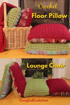 crochet floor pillow and lounge chair cushions with text overlay that says, crochet floor pillow