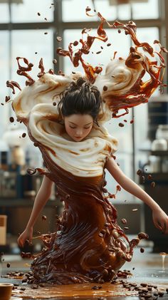 a woman is covered in chocolate and splashing her hair into the air while standing on top of a table