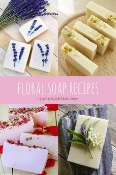 soap bars with lavender flowers on them and the words, floral soap recipes above it