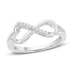 Celebrate your everlasting love with this meaningful fashion ring. Created in cool sterling silver, this dainty design is centered with a sideways diamond-accented infinity symbol that features a charming heart detail. The split shank is a thoughtful touch. This romantic style is finished with a bright polished shine. This ring is available in size 7 only. Sterling silver rings cannot be resized after purchase. Infinity Promise Rings For Mother's Day, Infinity Sterling Silver Diamond Ring For Promise, Sterling Silver Infinity Diamond Ring For Promise, Sterling Silver Infinity Heart Promise Ring, Sterling Silver Infinity Rings For Valentine's Day, Infinity Promise Ring For Valentine's Day, White Infinity Promise Ring, Infinity Shaped Promise Jewelry With Diamond Accents, Infinity Promise Jewelry With Diamond Accents