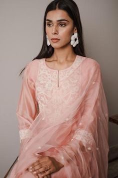 Shop for House of Pink Pink Chanderi Kurta Set for Women Online at Aza Fashions Tassel Dupatta, Kurta Set For Women, Pearl Embroidery, Luxury Sale, Organza Dupatta, Embroidered Neckline, Kurta Set, Floral Motifs, Pink Pink