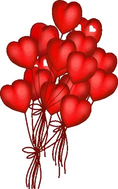 a bunch of red heart shaped balloons floating in the air on a black background,