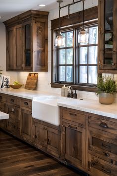 a large kitchen with wooden cabinets and white counter tops, along with a sink in the center