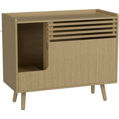 a wooden cabinet with an open door on one side and two drawers on the other