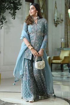 Buy Blue Net Hand Embroidered Floral-paisley Shahana Jacket Gharara Set For Women by Sana Barreja Online at Aza Fashions. Gharara Designs, Kurta Sharara Set, Kurta Sharara, Beautiful Dress Designs, Dresses Indian