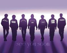 the silhouettes of several people in hoodies are shown against a purple and blue background