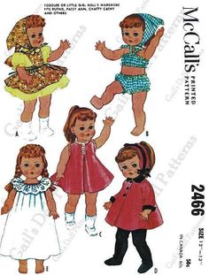 four children's dresses and one baby doll are shown in different styles, from the front to the back