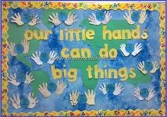 a bulletin board with handprints on it that says, our little hands can do big things