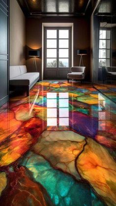 the floor is painted with multicolors and looks like it has been made to look like