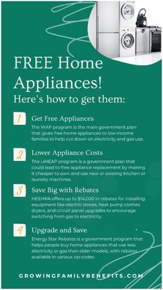 a green and white advertisement for appliance appliances with the words, free home appliances here's how to get them