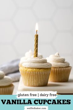 A gluten free vanilla cupcake with a lit birthday candle sitting on a marble tray. Vanilla Cupcakes Easy, Cupcakes Dairy Free, Gluten Free Vanilla Cupcakes, Easy Gluten Free Dessert, Big Birthday Party, Gluten Free Cupcakes Vanilla, Easy Vanilla Cupcakes, Cupcakes Easy