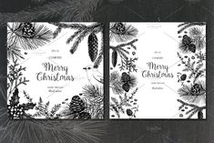 two christmas cards with pine cones and firs on them, in black and white