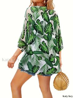 Katykey - Tropical Leaf Print 3/4 Sleeve Cover Up: Stylish Open Front Green Beach Cardigan for Womens Swimwear and Casual Clothing Beach Cardigan, Fall Care, Green Beach, Tropical Leaf Print, Tropical Leaf, Casual Clothing, Tropical Leaves, Leaf Print, Leaf Prints