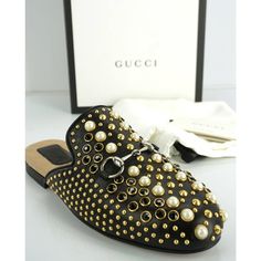 Gucci Princetown Pearl Studded Slide Mule Loafers Size 35 Horse Bit Nib $1500 New In Box Condition Notes: No Issues I Can Find Gucci Leather Mule With Crystal, Glass Pearl, And Golden Metal Studs. 0.5" Flat Stacked Heel. Round Toe. Horsebit On Notched Vamp. Beige Quilted Satin Lining. Leather Outsole. "Princetown" Is Made In Italy. Purchased From A Brand Authorized Retail Store's Display Floor Msrp: 1500.00 Style Name: Princetown Pearl Mule Color Name: Black Shoe Size: 5.0 Us 35.0 Eu 0.0 Uk Shoe Designer Closed Toe Calf Leather Loafers, Designer Calf Leather Closed Toe Loafers, Designer Black Loafers For Spring, Luxury Loafers With Studded Rubber Outsoles, Gucci Luxury Pointed Toe Loafers, Gucci Designer Flat Heel Loafers, Designer Loafers With Branded Heel Counter, Luxury Flat Loafers, Designer Calf Leather Flat Loafers