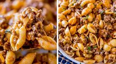 two pictures show pasta and ground beef being cooked