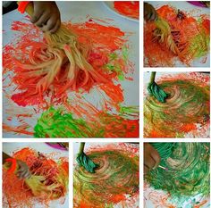 Art Activities for kids: Paint with spaghetti brooms – Fun Littles Vegetable Printing, February Themes, Strega Nona, Preschool Food, Wipes Container, Painting Collage, Italy Art