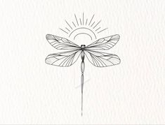 a drawing of a dragonfly sitting on top of a piece of paper with the sun behind it