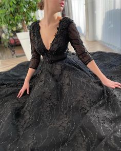 Details: -Designer laced fabric -Black color -A-line with deep cups and sleeves -For special occasions Teuta Matoshi Dresses, Matoshi Dress, Black Lace Evening Dress, Teuta Matoshi, Black Tie Attire, A Line Prom Dress, Flora Dress, Wedding Dresses With Flowers, Evening Party Gowns