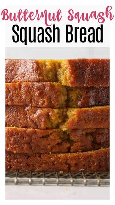 butternut squash squash bread on a cooling rack with text overlay that reads butternut squash squash bread