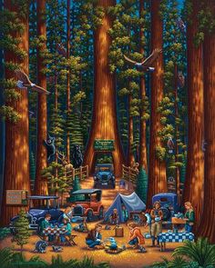 a painting of people camping in the woods