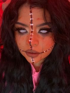 Halloween Makeup With Contacts, Doll Face Makeup Halloween, Halloween Makeup White Contacts, White Contacts Makeup Halloween, White Contacts Makeup, Scary Doll Halloween Makeup, Blood Halloween Makeup, Halloween Makeup Scary Doll, Voodoo Doll Makeup Halloween