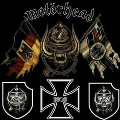 an iron cross and two flags with the words motorhead on it