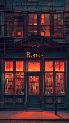 an image of a book store at night with the lights on and bookshelves lit up