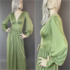 Arlette Beressi Paris Gown | 1970s Bishop Sleeve Frock | Plunging Pistachio Dress The Parisian mystery boutique label Arlene Beressi appears to have seen it's heyday in the mid to late 70s producing an abundance of elegant and classic designs.  Beressi seems to have taken great influence from "all the rage" at the time British Boutique labels Ossie and Biba, but with a wonderfully french twist!  This dress is an absolute stunner in a muted pistachio green, with a plunging neckline, voluminous sl Halston 70s Dress, 1970 Dresses, 70s Dresses Formal, 1970 Clothes, Pistachio Dress, 1970 Outfits, Paris Gown, Bishop Sleeve Dress, 1970 Dress