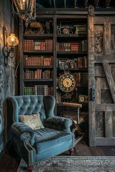 a chair in front of a book shelf filled with books and an old fashioned clock